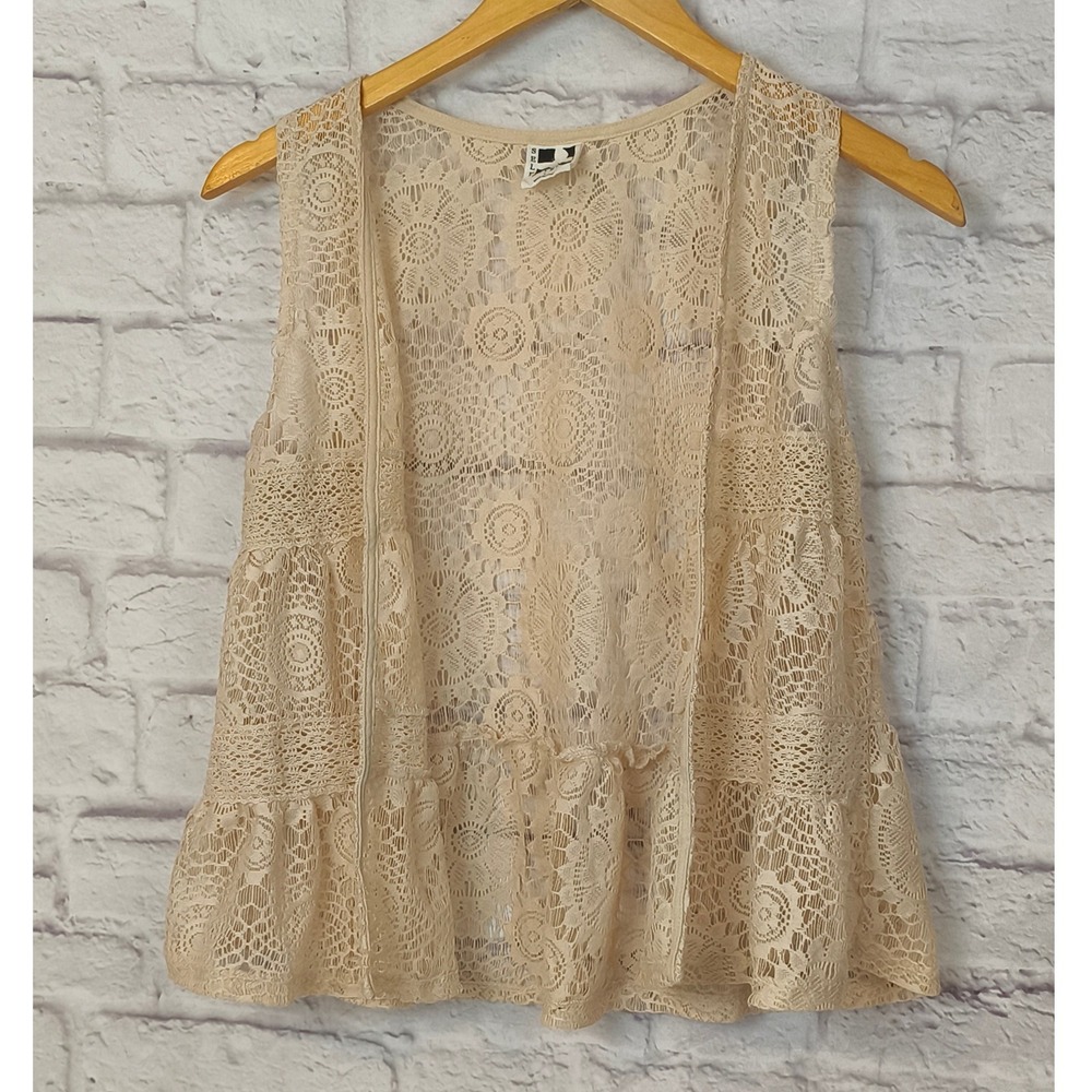 Self Esteem Jrs L Lace Open Front Vest Beige Tan Large Prairie Festival Cottage